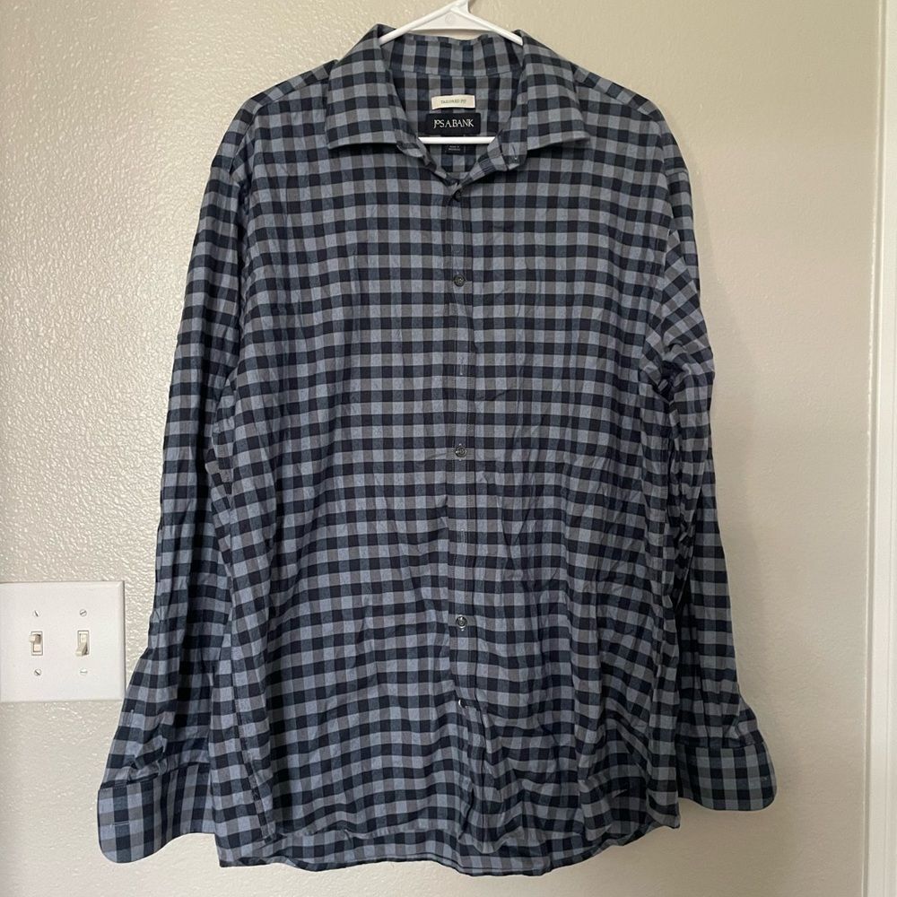 Jos. A. Bank Tailored Fit Blue Gray Gingham Button Down Shirt XL
